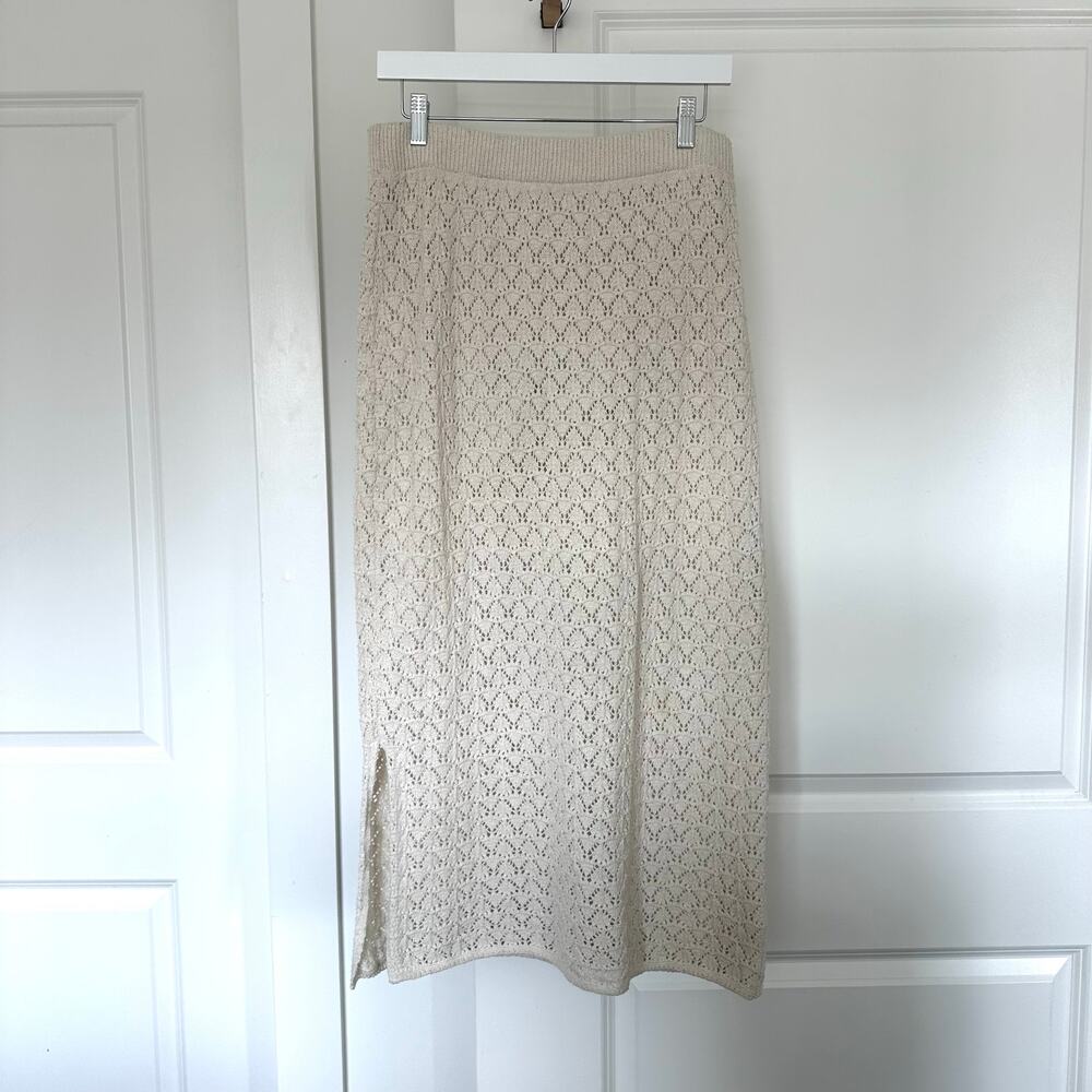 Promod (XL) Cream Knit Crochet High Waisted Midi Skirt- Boho, Coastal Grandma